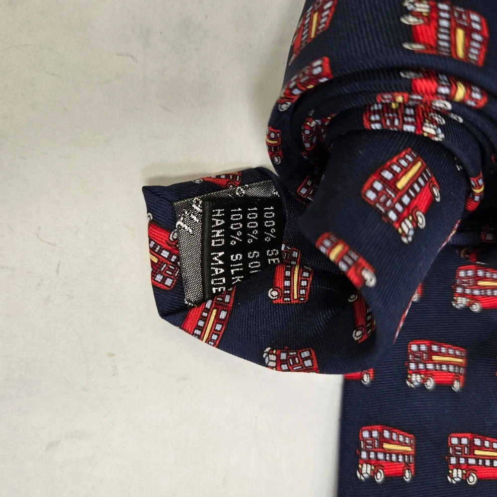 The Tie Studio London Mens Silk Tie Navy Blue Red Double Decker Bus London Print
